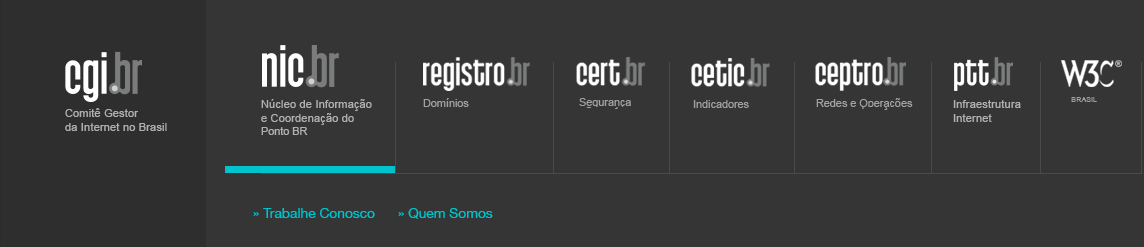 Logos do CGI.br, NIC.br, Registro.br, Cert.br, Ceptro.br, Cetic.br e W3C